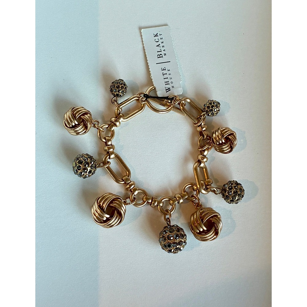 WHBM Gold Tone Charm Bracelet Black Crystal Pave Knot Charms Toggle Clasp